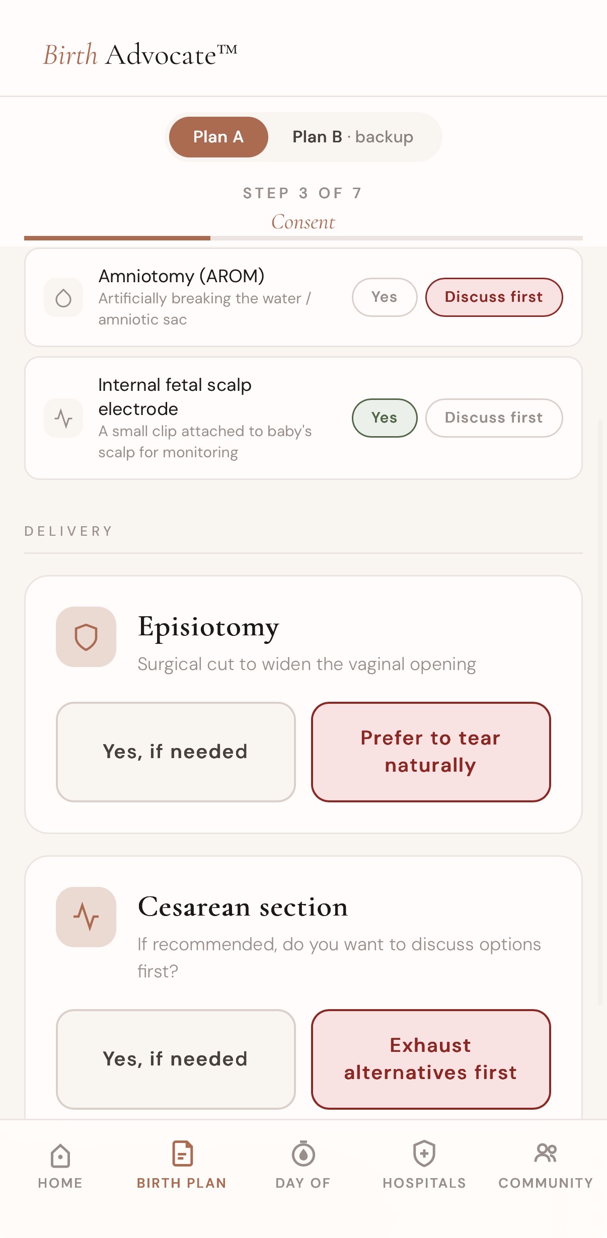 Birth plan builder, consent step